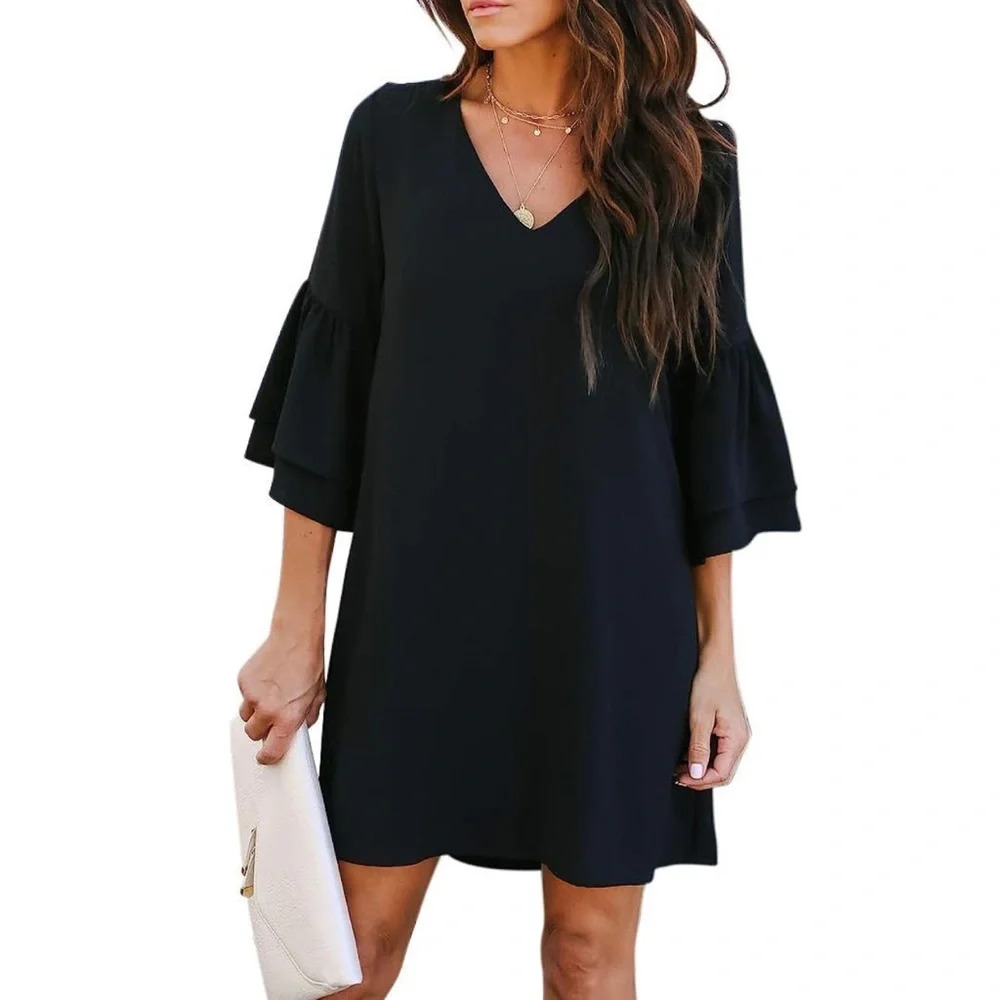 Black Bell Sleeve V-Neck Mini Dress